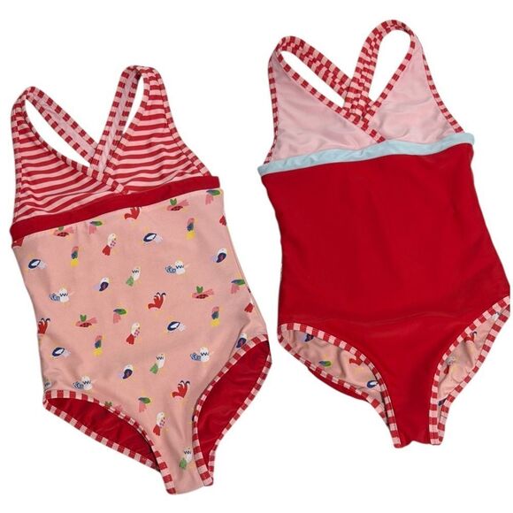 Hanna Andersson Red and Pink One Piece Swimsuit with Chicken Print - Picture 1 of 10